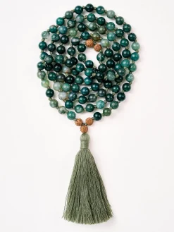 Mala Bead Necklace - Green Moss Agate